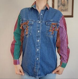 Vintage Denim Striped Sleeve Button Down Size Small